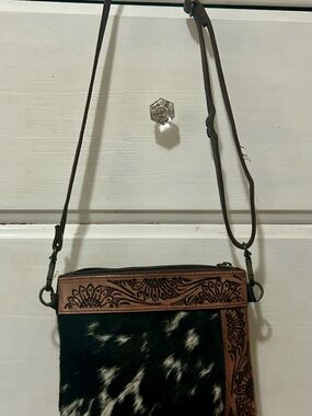 Tooled Leather and Cowhide Crossbody Bag in Brown and Black